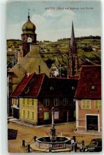 67190 Mutzig Lithographie / Künstlerkarte Blick auf Rathaus und Kirche Brunnen
