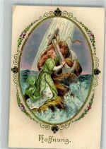 Junge Frau im grünen Kleid mit Anker verkörpert die Hoffnung E.A.S. Christliche Propaganda 1915 Prägedruck
