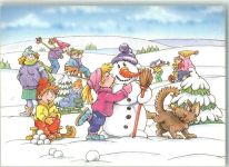 sign.Artur Schlitten Hund Kinder Weihnachten Schneemann Künstlerkarte