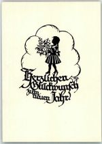 Scherenschnitt Neujahr Mädchen mit Blumenstrauß Hessischer Heimatverlag Chlodwig Rinck Schwindt, A. Künstlerkarte