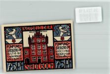 47574 W4180 Goch 1922 Notgeldschein 75 Pfennig Haus zu den Fünf Ringen
