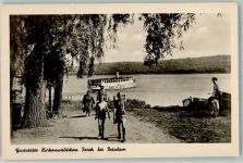 14548 O1501 Ferch Foto AK Beim Gasthaus Birkenwäldchen Fahrrad Fahrgastschiff auf dem Schwielowsee Fotograf John