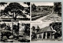29328 W3105 Müden , Örtze 1960 Foto AK Lüneburger Heide Kirche Glockenturm Linde-Stein Schirmfuhre