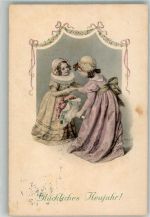 Zwei Mädchen in klassischen Kleidern wünschen sich ein gutes Neujahr Rosen M. Munk Nr. 593 Schubert, H. Künstlerkarte