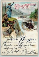 Pfingsten Wandern Raddampfer AK Glückwunsch Eisenbahn 1902 Lithographie / Künstlerkarte