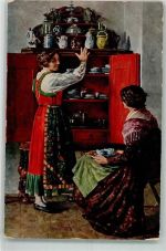 Nr. 529 sign. Rieper, August Frauen in Tracht begutachten das Hochzeitsgeschirr Verlag Gustav Liersch & Co. Deutsche Kunst Künstlerkarte