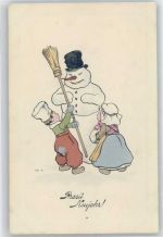 mit Zylinder , Neujahr Schneemann Künstlerkarte