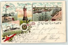 27568 W2850 Bremerhaven 1902 Lithographie Hafen Ruther Sandleuchtturm Najade