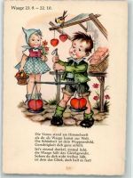 sign. Hanitzsch Waage Kinder mit Herzen Horoskop 1961 Künstlerkarte