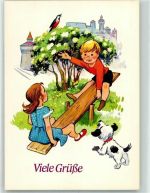 W8500 Nürnberg Mädchen und Junge mit Hund und singendem Vogel auf einer Wippe vor den Toren der Stadt Werbung Firma E. Otto Schmidt Lebkuchen und Honig Lebkuchen Werbe AK