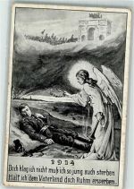 Engel legt einem gefallenen Soldaten den Siegerkranz um WK I Christliche Propaganda 1914 Künstlerkarte