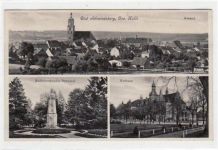 Bad Schmiedeberg mit Radfahrerbundes - Denkmal, Gesamtansicht und Kurhaus gelaufen und Bahnpoststempel von 1932, Zug Nr. 2224. Gute Erhaltung.