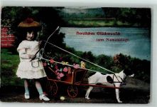 Namenstag Mädchen Karre mit Blumen AK Hundekarren 1908
