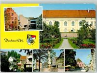 85221 W8060 Dachau Foto AK Scjlossgarten Blumen Brunnen Auto Gasthaus Wappen