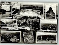 57548 W5242 Freusburg Foto AK Panorama des Ortes Tüschebachsweiher Haus Schlossgarten Siegtal Druidenstein Kirchen Waldschwimmbad Stadtwappen Fotograf Peter Nagel
