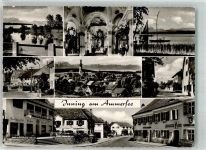 82266 W8084 Inning a. Ammersee Foto AK Panorama des Ortes mit Pfarrkirche St. Johannes Baptist Dorfstraßen Fotograf Fenner