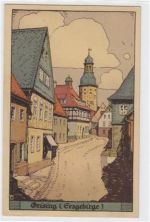 Steindruckkarte Geising im Erzgebirge. Strassenpartie zur Kirche. Ungelaufen. Leichter Knick unten links, sonst gut erhalten.