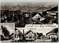 87466 W8967 Oy Gebrauchsspuren Gasthaus Rössle Kirche Kriegerdenkmal Haus mit Lüftlmalerei