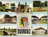 52428 W5170 Jülich - Hexenturm Teich Wasserfontaine Parkanlage Brücke Wappen