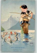 Appenzeller Tracht Junge angelt Fische Serie Nr. 9 Minouvis Künstlerkarte