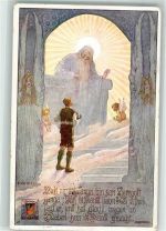 sign. Kutzer Der Herrgott mit Engeln spricht zu einem Mann Bund der Deutschen in Niederösterreich Rosegger-Karte Nr. 51 Schulvereinähnliche 1913 Künstlerkarte