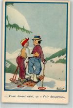 sign. Lelly A. Humor Winter Schwere Abfahrt Frau Ski Künstlerkarte