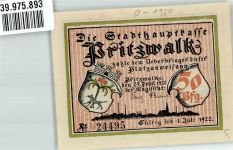 16928 O1920 Pritzwalk 1922 Notgeldschein Stadthauptkasse Platzanweisung über 50 Pfennig