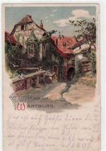Lithographie. Gruß von der Wartburg bei Eisenach i. Thür. Totalansicht gelaufen 1911 kleiner Riß unten links leicht fleckig, sonst gut erhalten.