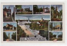 Bad Schmiedeberg mit Au - Tor, Kaiserbad, Kurhaus, Rathaus Kriegerdenkmal, Aussichtsturm, Moorbad, gelaufen von 1933 kleiner Knick und kleiner Riß unten links, sonst gut erhalten.