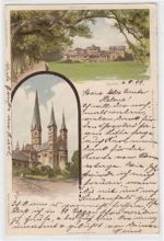 Bonn, Lithographie mit Teilansicht und Münsterkirche gelaufen, 1899. Leichter Stempeldurchdruck, kleiner Knick oben links, sonst gut erhalten