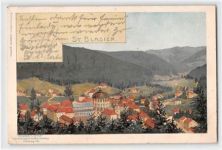St. Blasien, Lithographie. Gesamtansicht gelaufen. Marke entfernt, leichte Abrissspuren kleiner Riss linker Rand, kleiner Knick unten links und unten rechts, leichter Stempeldurchdruck, sonst gut erhalten