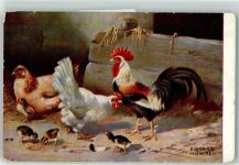 sign. E. Borno Künstlerkarte AK Huhn Gebrauchsspuren