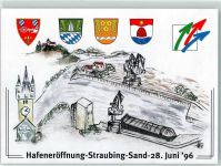 82327 W8132 Traubing Künstlerkarte Hafeneröffnung 28. Juni 1996 Wappen Turm Uhr Sand Verkehrsknoten Seil Tau