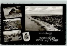 25938 W2270 Wyk auf Föhr Foto AK Fliegeraufnahme Wappen Seehund Hafen Segelboote