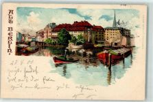 10115 W1000 Berlin, unsortiert 1900 Lithographie Alt Berlin Spreeufer Frachtkähne sign. W.D.