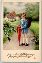 Mädchen im blauen Kleidchen mit großer Schultüte Erika Nr. 4849 erster Schultag