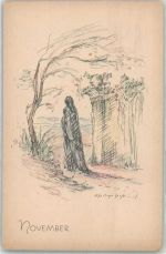 November Einsame Frau unter einem kahlen Baum Vogel-Verlag Monat 1917 Künstlerkarte