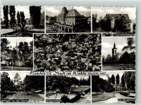 58706 W5750 Menden Sauerland - Rathaus Ev. Kirche Schwimmbad Denkmal ehrenmal Fliegeraufnahme