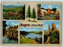 94209 W8370 Regen Foto AK Burg Ruine Marktplatz Auto Kirche