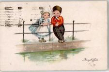 Angebissen Kinderpoesie AK Angeln 1919 Gebrauchsspuren