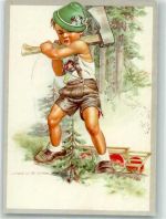 sign. Holzer Kleiner Junge mit Axt beim fällen eines winzigen Tannenbaumes Verlag Christian Pahl Nr. 1003/2 Forstwirtschaft Künstlerkarte