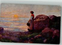 sign. Königer Frau in Tracht beobachtet am Meer den Sonnenuntergang Moderne Galerie Nr. 1287 Künstler Künstlerkarte