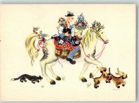 Pferd Frau Tracht Katze sign. Hahn Künstlerkarte Dackel Gebrauchsspuren