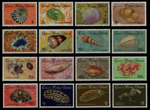Kokos-Inseln 1985 - Mi-Nr. 140-155 ** - MNH - Meeresschnecken / Marine snails