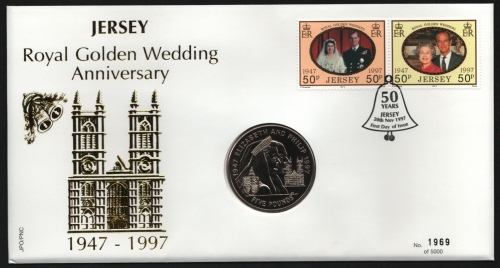 Jersey 1997 - Mi-Nr. 809-810 - Numisbrief - 5 Pounds - Goldene Hochzeit