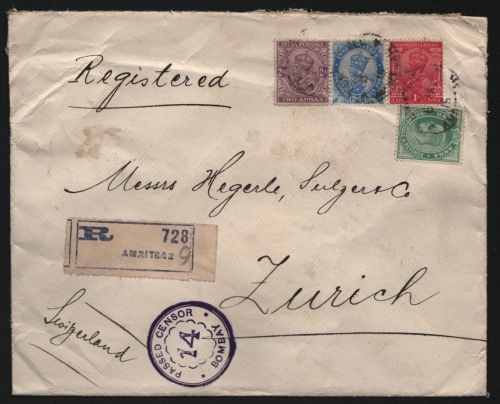 Indien 1930 ? - Reco-Zensur Beleg - Amritsar nach Zürich - Bedarfserhaltung