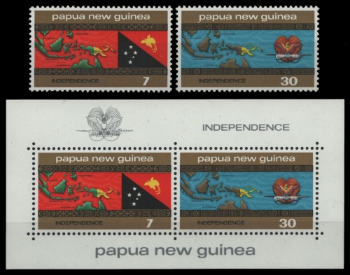 Papua-Neuguinea 1975 - Mi-Nr. 296-297 & Block 1 ** - MNH - Unabhängigkeit