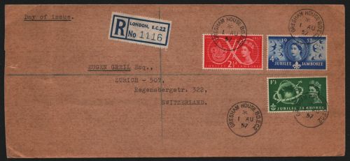 Großbritannien 1957 - Mi-Nr. 299-301 - Reco-Brief - FDC - London nach Zürich