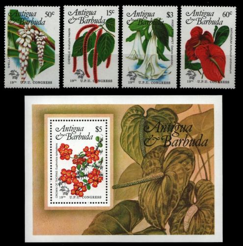 Antigua 1984 - Mi-Nr. 761-764 & Block 76 ** - MNH - Blumen / Flowers