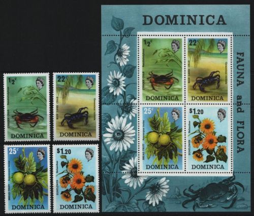 Dominica 1973 - Mi-Nr. 368-371 & Block 19 ** - MNH - Fauna & Flora
